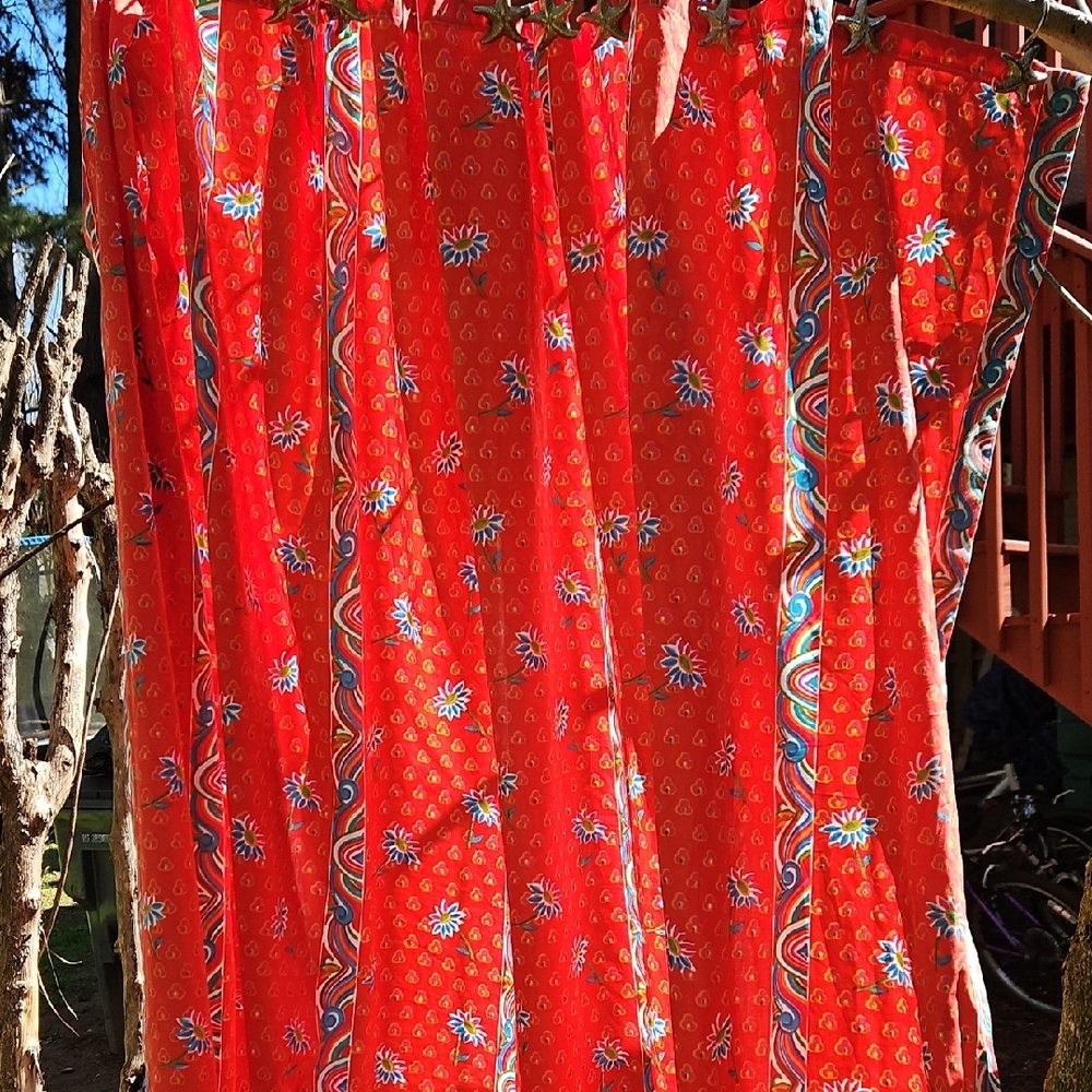 Vintage Cotton Indian Block Design  Orange  Blue Floral Shower 72" X 72" Curtain - Picture 14 of 17